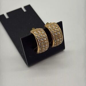 Swarovski Signed Vintage Gold Plated & 50 Crystal Half Hoop Clip On Earrings